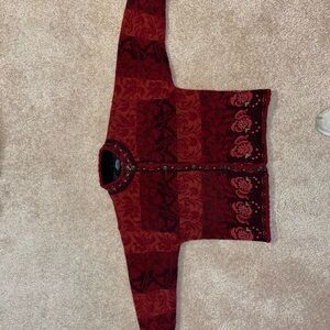 Red Floral Vintage Fully Lined Women's Cardigan